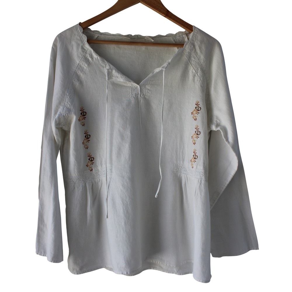J. Jill Blouse Womens Small White 100% Linen Embroidered Lace Trim Peasant Top